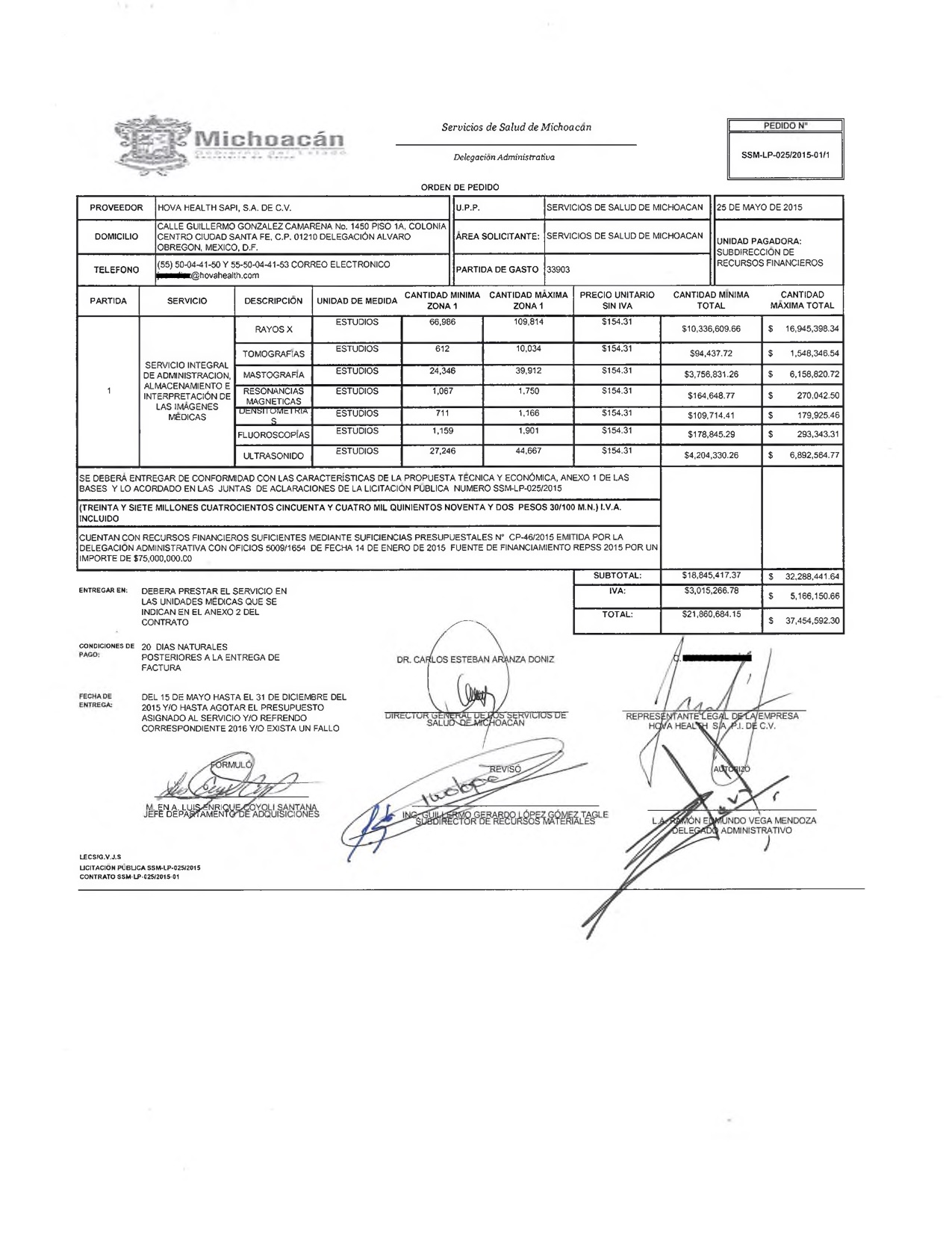 Página con las rúbricas del contrato SSM-LP-025/2015-01 entre Hova Health y la Secretaría de Salud de Michoacán. En noviembre, este contrato tuvo una ampliación de 15 por ciento.