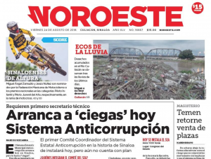 Portada 16,667 del periódico Noroeste, edición Culiacán, del 24 de agosto de 2018.
