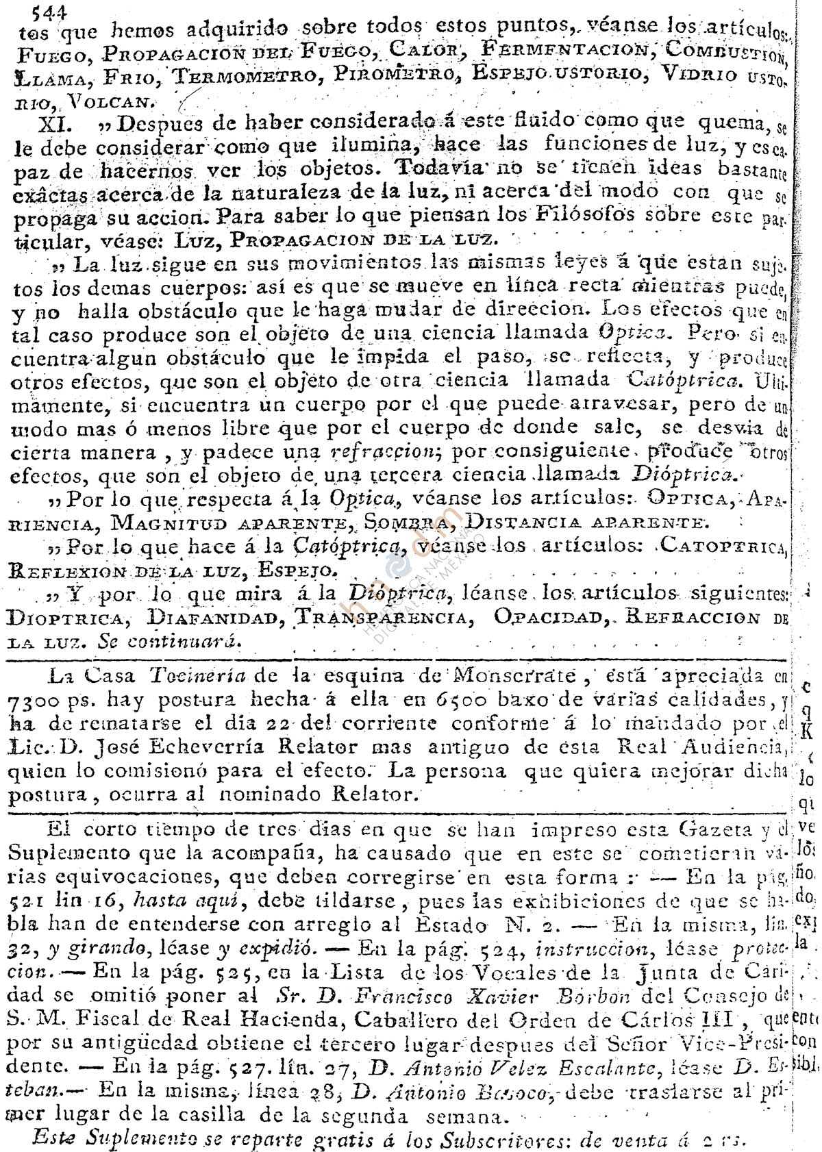 Fe de erratas en la Gazeta de México, editada por Manuel Antonio Valdés y Murguía, para la edición del 13 de agosto de 1806. Página 8 de la edición del 16 de agosto de 1806.