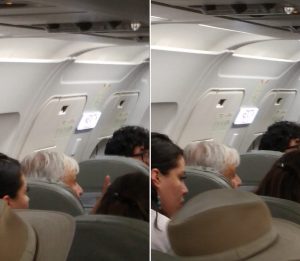 El presidente de México, Andrés Manuel López Obrador, en la fila detrás de la salida de emergencia del Airbus 320 de Interjet que cubre el vuelo 2217 Guadalajara-Ciudad de México, el 9 de marzo de 2019. Foto: Cortesía Valeria