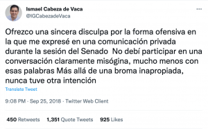 Disculpa en Twitter del senador Ismael Cabeza de Vaca.