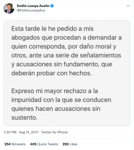 Tuit de Emilio Lozoya anunciando acciones legales.