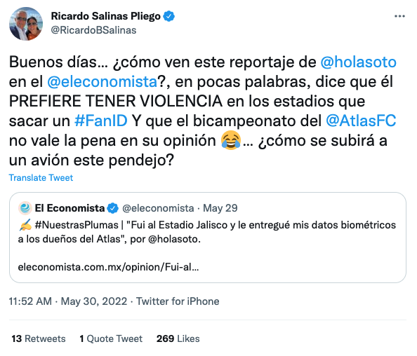 Tuit de Ricardo Salinas Pliego, contra las críticas al Fan ID. 