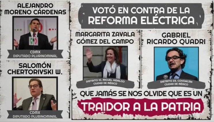 Campaña política "Traidores a la patria", para señalar a los legisladores que votaron en contra de la propuesta de reforma constitucional en materia eléctrica promovida por Morena y el presidente López Obrador.