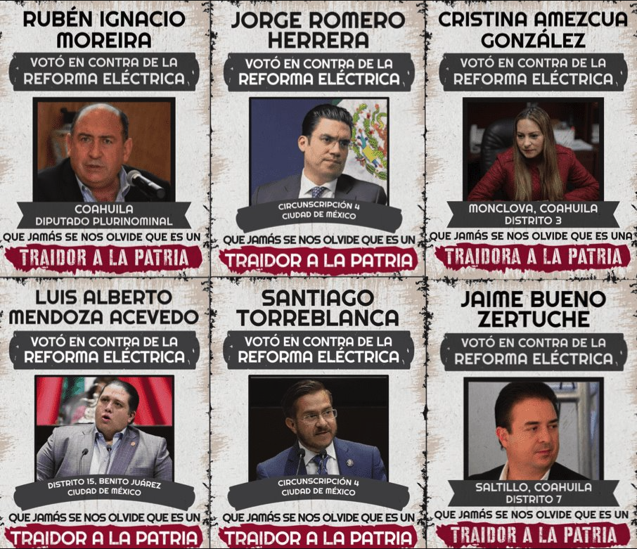 Campaña política "Traidores a la patria", para señalar a los legisladores que votaron en contra de la propuesta de reforma constitucional en materia eléctrica promovida por Morena y el presidente López Obrador.