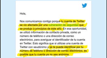 Fragmento del correo enviado por Twitter a usuarios mexicanos en agosto de 2022 para notificarles de la vulneración de datos personales.