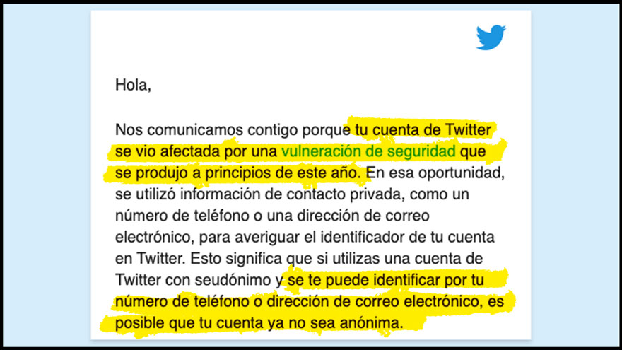 Fragmento del correo enviado por Twitter a usuarios mexicanos en agosto de 2022 para notificarles de la vulneración de datos personales.