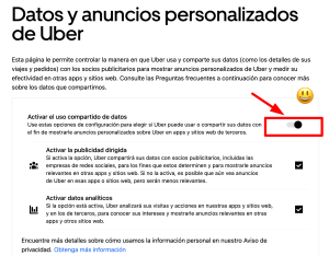 Desactiva la publicidad de Uber en el botón que señalé con rojo. Puedes ir a https://privacy.uber.com/privacy/ads o dar clic sobre la imagen.