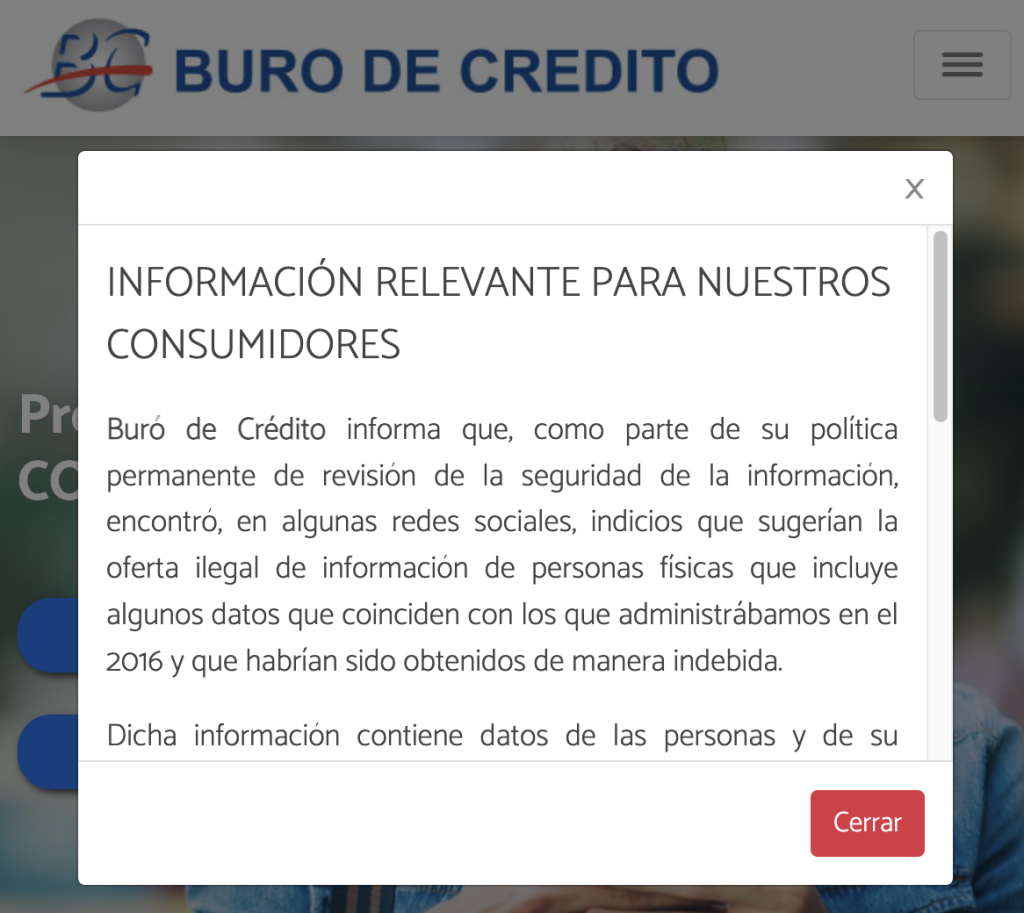 Ventanita popup en la que Buró de Crédito informa de la filtración en su página de inicio en internet.