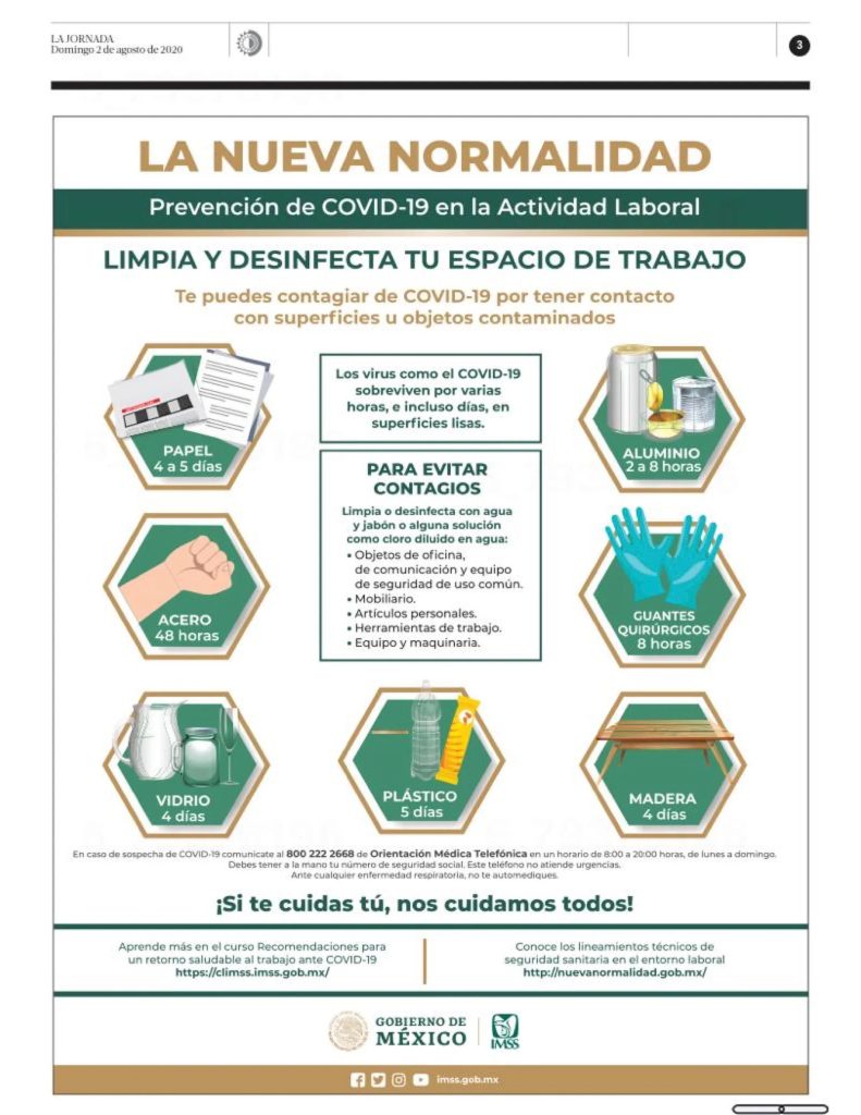 Propaganda del IMSS en La Jornada del 2 de agosto de 2020, sugiriendo desinfectar el papel “con agua y jabón o alguna solución como cloro diluido en agua”.