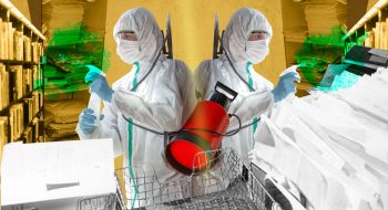 IMSS y su loca idea de desinfectar papel con agua, jabón y cloro. Ilustración original de Nayelly Tenorio