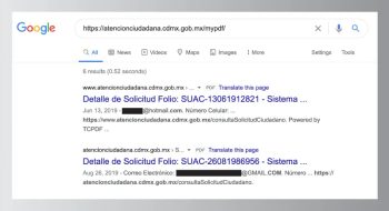 Resultados de búsqueda en Google con documentos generados por el SUAC de la Agencia Digital de Innovación Pública (ADIP) que contienen datos personales. Imagen tomada de Google Search