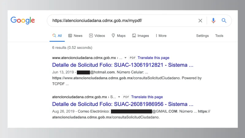 Resultados de búsqueda en Google con documentos generados por el SUAC de la Agencia Digital de Innovación Pública (ADIP) que contienen datos personales. Imagen tomada de Google Search