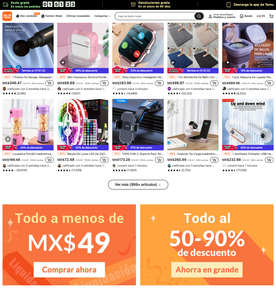 Productos de Temu para México desde 49 pesos y descuentos de hasta 90%, para captar consumidores. Imagen: Selección de la página principal de Temu México