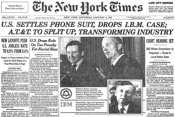 Portada de The New York Times del 9 de enero de 1982, con la noticia sobre la orden judicial de dividir AT&T.