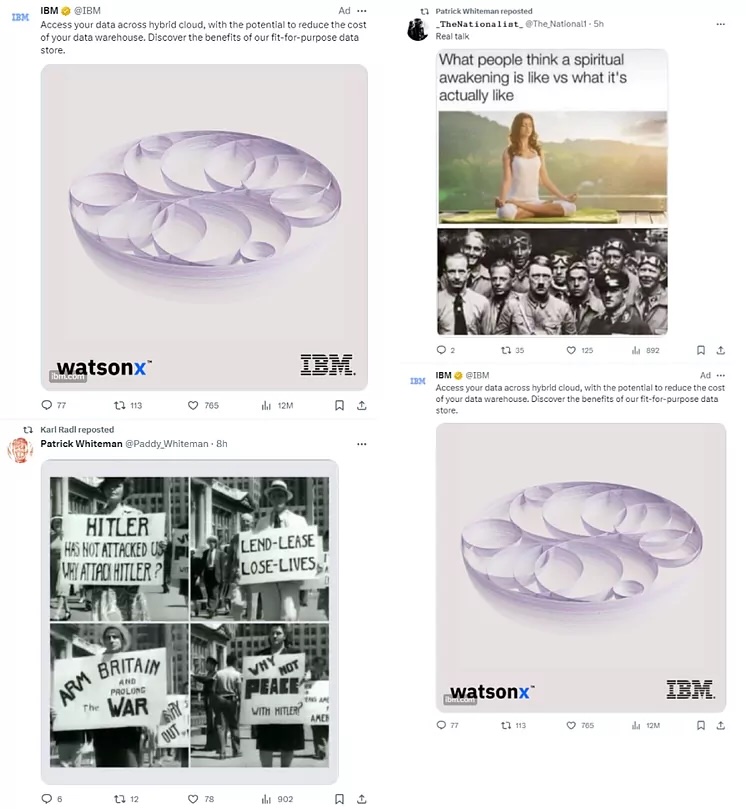 Publicidad de IBM junto a mensajes nazis publicados en la red social X (conocida antes como Twitter).