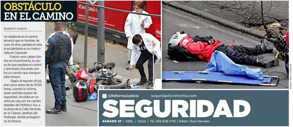 Accidente mortal de un motociclista enredado en cables en la Ciudad de México, 26 de abril de 2024. Fuente: Reforma