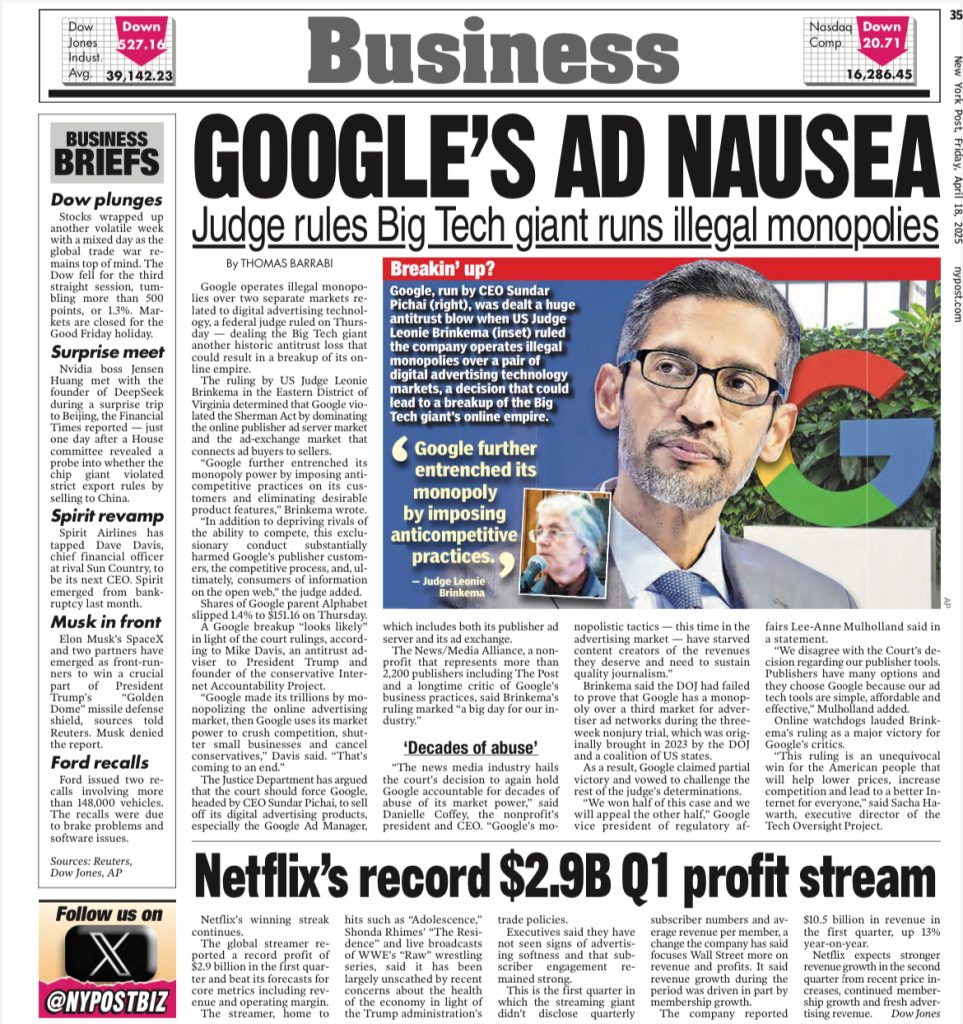 😂 “La náusea publicitaria de Google” (Google’s ad nausea). Publicación del New York Post de Rubert Murdoch el 18 de abril de 2025.