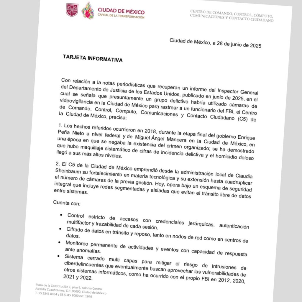 Comunicado del sistema de videovigilancia de la Ciudad de México, conocido como C5, sobre el hackeo a sus instalaciones. https://x.com/C5_CDMX/status/1939105163140046970