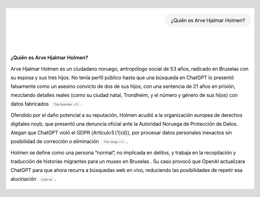Nueva respuesta de ChatGPT a la pregunta ¿Quién es Arve Hjalmar Holmen?, con ligas a las fuentes consultadas.