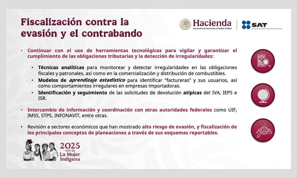 Descripción del uso de algoritmos e inteligencia artificial en el Plan Maestro 2025 de la agencia tributaria de México. Fuente: SAT https://www.gob.mx/sat/prensa/plan-maestro-2025-simplificacion-regularizacion-fiscal-y-combate-a-la-evasion-y-al-contrabando-01-2025
