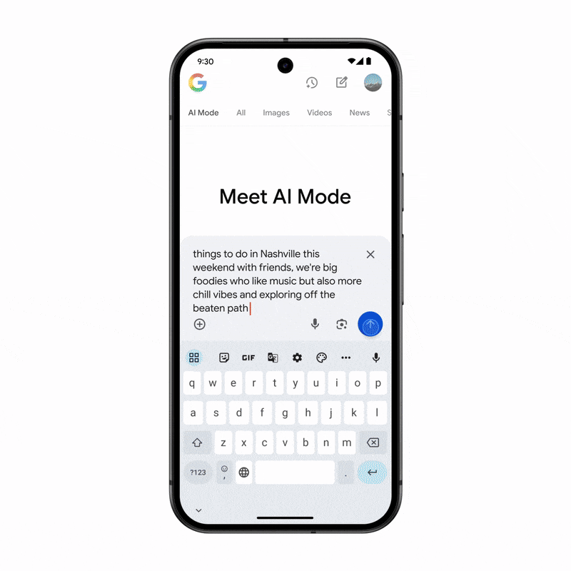 Nuevas formas de buscar. Video del rendimiento de AI Mode, para fines ilustrativos, con resultados sobre una consulta en inglés. Fuente: The Keyword / Google https://blog.google/products/search/ai-mode-agentic-personalized/