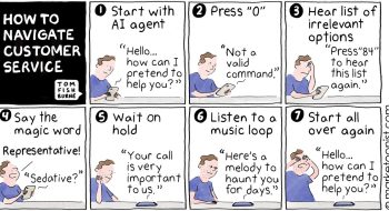 Patrones oscuros. How to Navigate Customer Service (Cómo sobrevivir al servicio de atención al cliente), un cartón de Tom Fishburne. Crédito: Tom Fishburne / LinkedIn https://www.linkedin.com/posts/tomfishburne_marketing-cartoon-marketoon-activity-7370818207965896704-hN4R/