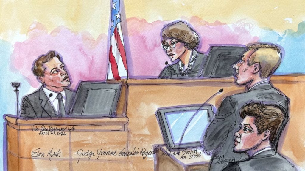 Sala del tribunal donde se disputa el futuro de OpenAI: de izquierda a derecha, Elon Musk; la jueza Yvonne Gonzalez Rogers; el abogado de OpenAI, William Savitt, y Sam Altman. Boceto de Vicki Behringer distribuido por Reuters