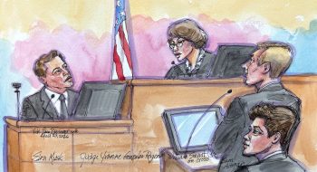 Sala del tribunal donde se disputa el futuro de OpenAI: de izquierda a derecha, Elon Musk; la jueza Yvonne Gonzalez Rogers; el abogado de OpenAI, William Savitt, y Sam Altman. Boceto de Vicki Behringer distribuido por Reuters