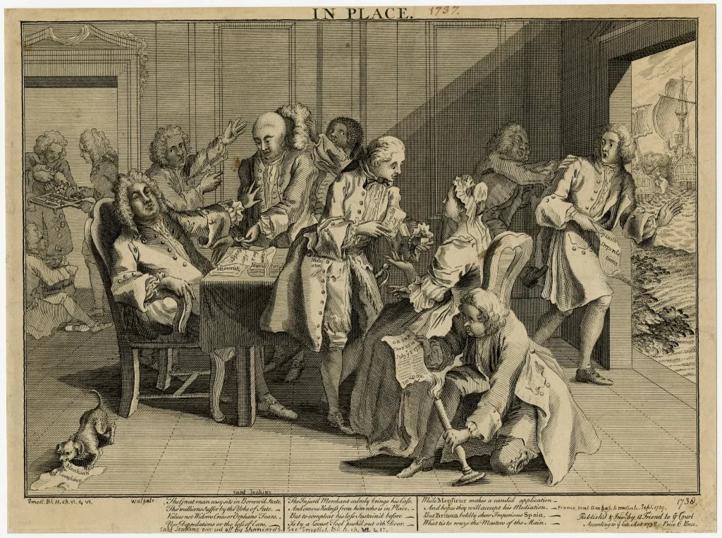 El pirata inglés Robert Jenkins (1731-1739) muestra a Robert Walpole su oreja mutilada por el capitán español Fandino en La Habana en 1731, un castigo común en España considerado por la Corona británica como causa de guerra. https://www.clarin.com/opinion/guerra-oreja-jenkins_0_J0M23JAhxm.html