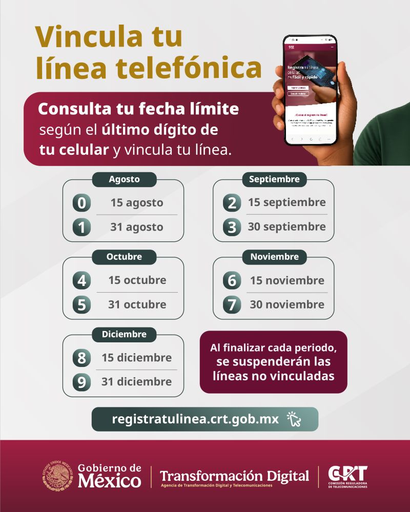 Nuevas fechas para el registro de teléfonos móviles con CURP difundidas por la Comisión Reguladora de Telecomunicaciones el 25 de junio de 2026 https://www.gob.mx/crt/prensa/crt-anuncia-calendario-y-fechas-limite-para-registro-de-lineas