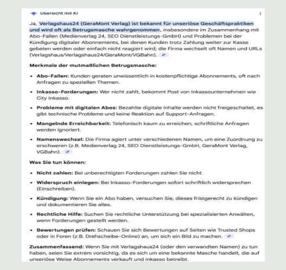 La prueba principal. Captura de pantalla de los AI Overviews de Google en alemán que afirman falsamente: “Sí, Verlagshaus24 (GeraMont Verlag) es conocida por prácticas comerciales dudosas”, con las características del fraude y qué hacer (“Was Sie tun können”).