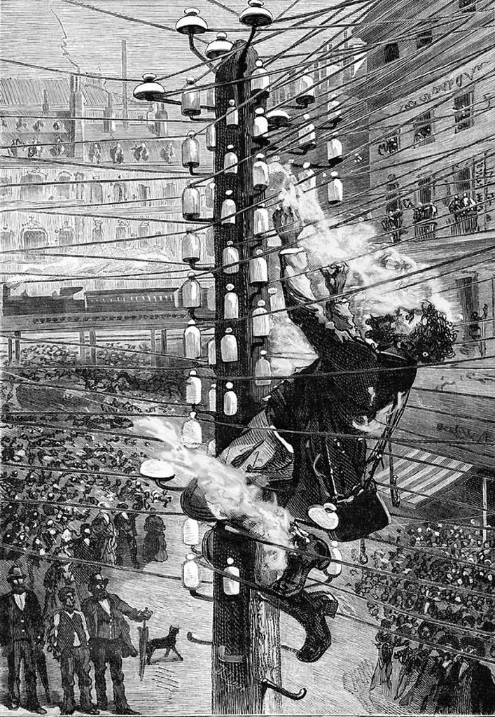 La muerte del instalador John Feeks, de la Western Union, en Manhattan en 1989, aceleró la regulación del cableado de electricidad en Nueva York.
