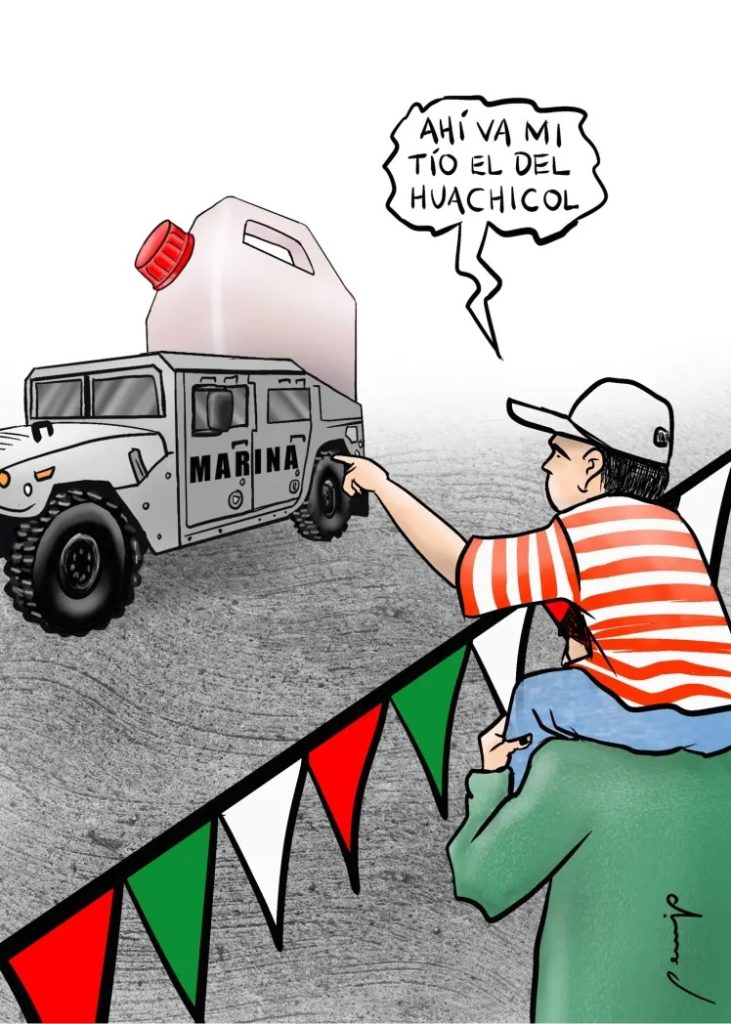 Cartón de Perujo en El Economista, satirizando la vinculación de funcionarios de la Secretaría de Marina con el crimen del robo de combustible, conocido como huachicol.